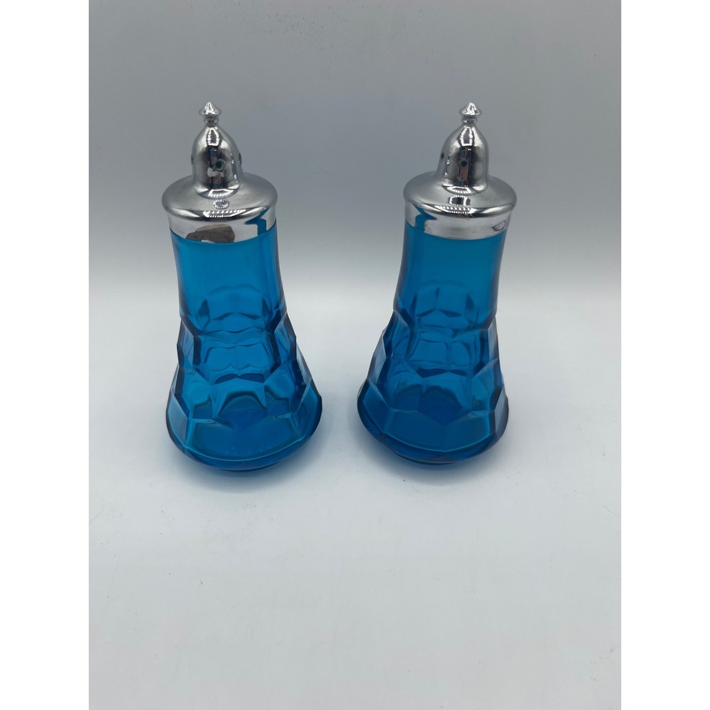 Vintage Blue Glass Salt and Pepper Shakers Set Chrome Tops Faceted Geometric